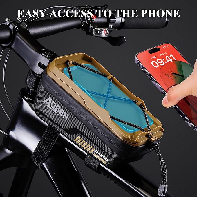 Aoben Bike Bicycle Phone Front Frame Bag for Mountain Bike Road Bike, EVA Hard Casing Bike Phone Holder Bike Phone Mount for MTB, Bike Bicycle Accessories for Cell Phone Under 6.8 Inches (Tan)