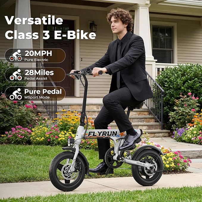 Electric Bike- Peak 500W, 20MPH, Up to 25+Miles, Waterproof Battery, Dual Disc Brakes,Rear Suspension, Stylish 14" Commuter E-Bike for City & Road Sand Mountain