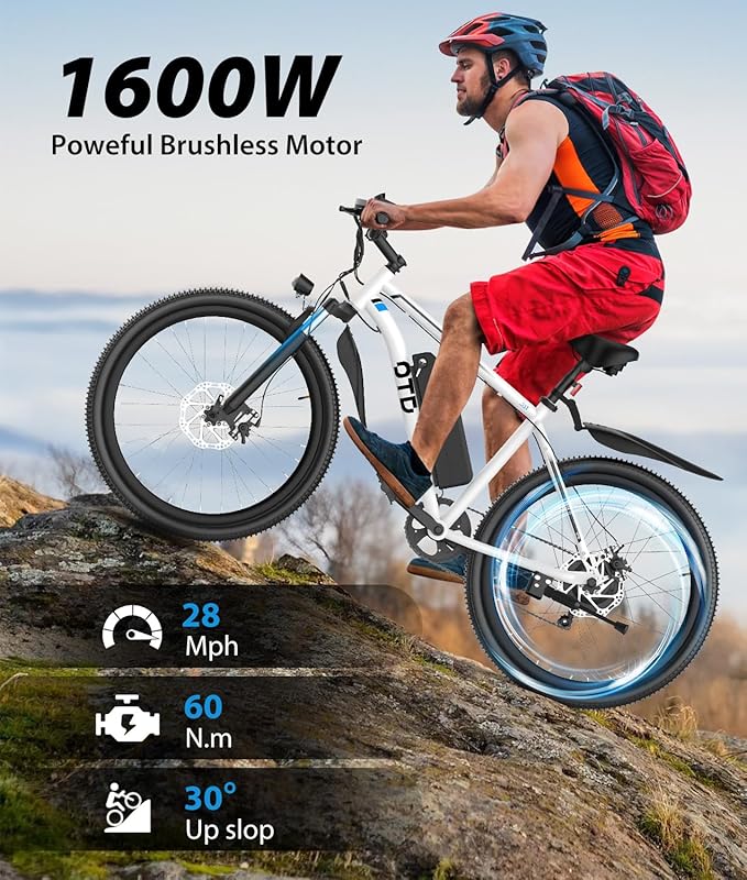 28 MPH Electric Bikes for Adults 1600W Peak Motor EBike 26 inch 90 Miles Max Range Mountain Ebikes with 48V Removable Battery Electric Bicycle with Front Suspension 7 Speed E Bike