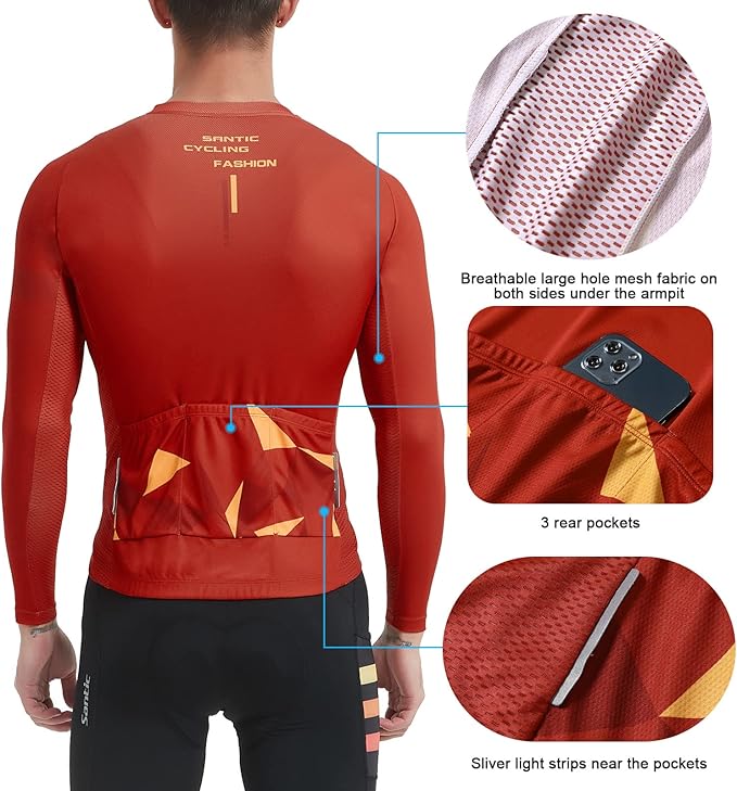 Santic Cycling Jersey Men's Long Sleeve Bike Reflective Full Zip Bicycle Shirts with Pockets