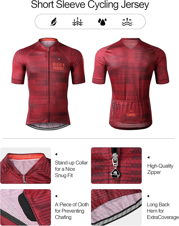 LAMEDA Men's Cycling Jersey Breathable Lightweight Short Sleeve Elastic Pro Road Bike Shirt Full Zip