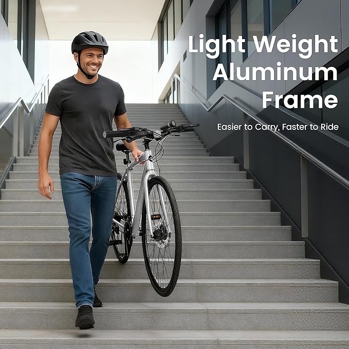 MOPHOTO Hybrid Bike for Adults, 700C City Commuter Bicycle, Lightweight Aluminum Frame, 8-Speed Urban Fitness Bike for Men&Women, Dual Disc Brakes, Upright Flat Handlebar, LED Headlight & Reflectors