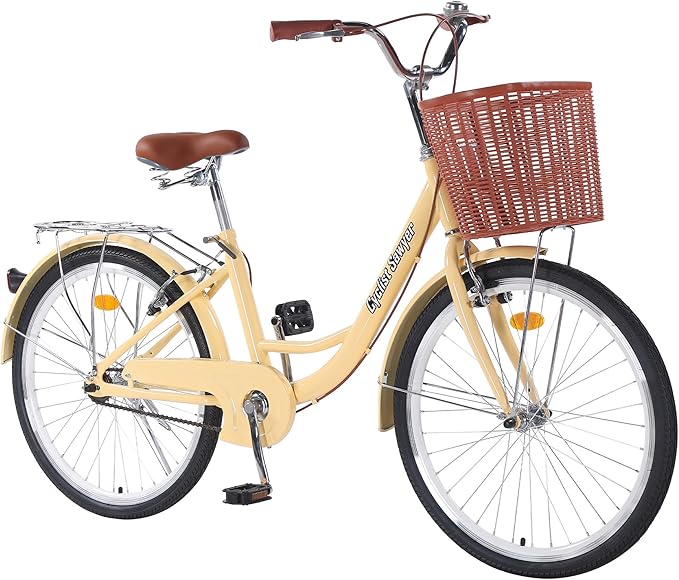 Beach Cruiser Bike, 26 inch Adults Bicycle for Women Single Speed, Cruiser Bikes for Women with Basket & Steel Rack, Women's Bike for Commuting, City Bike for Adults
