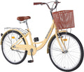 26 inch Hybrid Bikes for Women, Adult Bicycles Lightweight Hi-Ten Steel Frame Road Bike Single Speed with Rear Rack and Basket, Commuter City Bike, Comfort Lady Bicycle, Vintage Adult Bike, Yellow