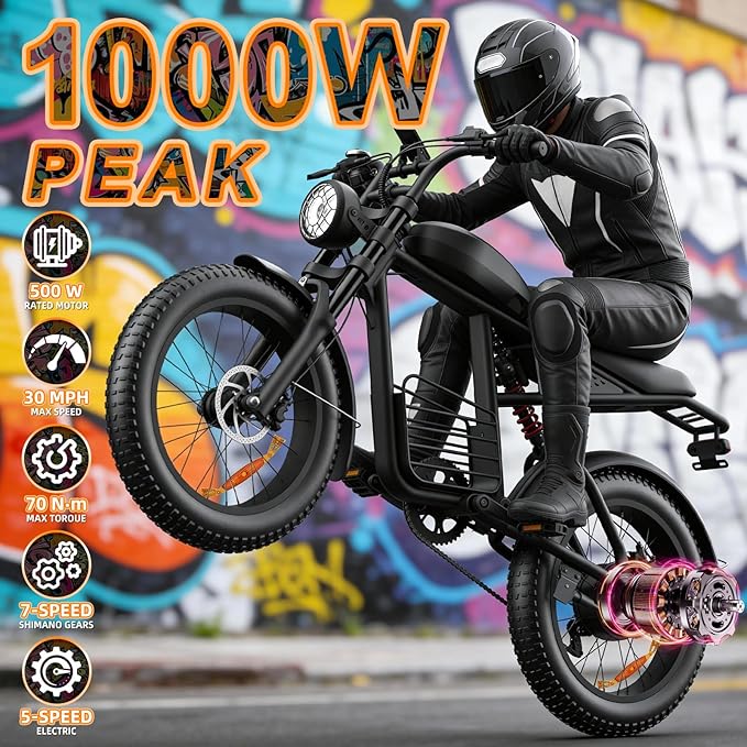 20" Electric Bike for Adults with 1000W/1600W/3000W Peak Dual Motor,Max Speed 33-37MPH,Up to 60Miles,Moped ebikes with 20/35Ah Battery,Shipped from USA Warehouse
