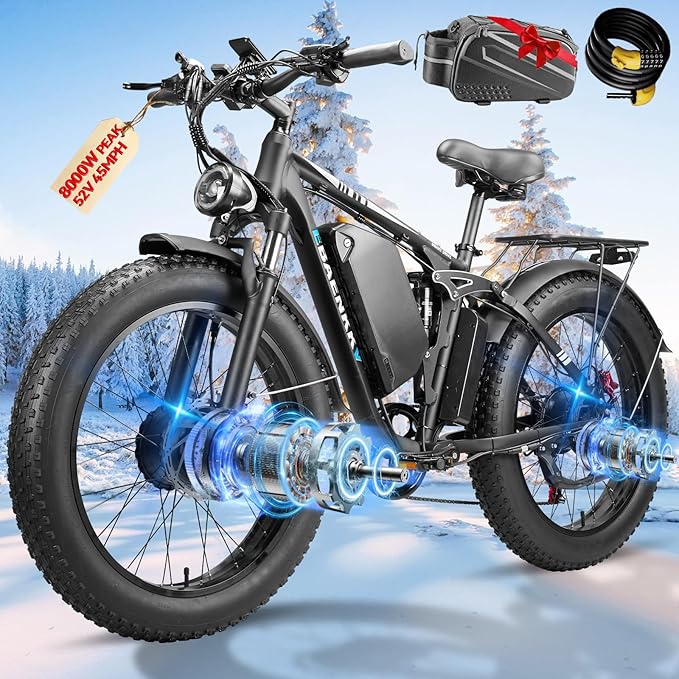 8000W Dual Motor Electric Bike for Adults 45MPH - Fast E-Bike with 52V 34Ah Battery Up to 105 Miles ,24"*4.0" Fat Tire E Bikes,Full Suspension Electric Bicycle for Snow Mountain Off-Road Commuter