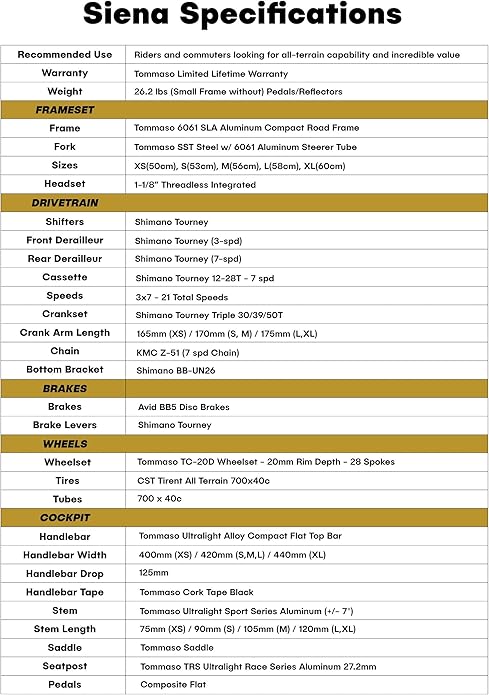 Tommaso Siena Sport Performance Aluminum Gravel Bike, Shimano Tourney 21 Speeds Road Bicycle Men