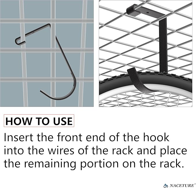 Bike Hooks for Garage Ceiling Mount Rack – Heavy Duty 4X8 Overhead Garage Storage Rack for Ceiling Hanging Bicycle Shelves, Add on Storage Flat Hooks Accessory and Wall Hanger (Flat Hook 8 Pack)