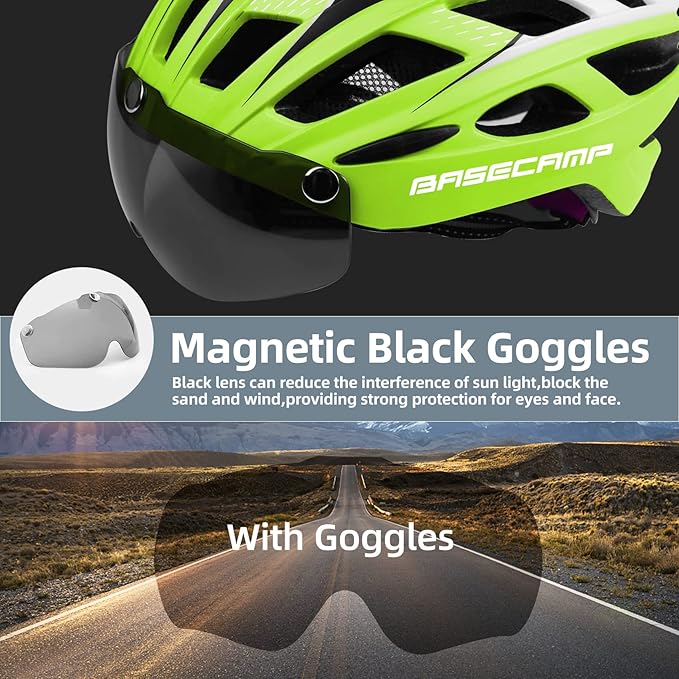 Bike Helmet, Basecamp Bicycle Helmet with Rear Light & Detachable Magnetic Goggles Lightweight Cycling Helmet Adjustable for Adult Men Women Mountain & Road (BC-069)