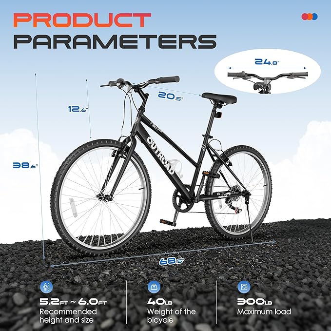 26 inch 7-Speed Commuter Bicycle,Hybrid Bicycle,Men's Cruiser Bike/Mountain Bike V Brake,Metal Frame, Adult Bike (Black, White, Blue, Green, Purple, Pink)