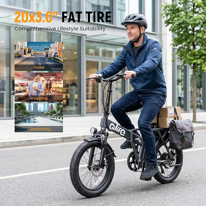 Qlife Hunter Foldable Electric Bike for Adults, Peak 1200W Ebike with 48V 13.5Ah Battery, 65-Mile Range, Heavy-Duty Rear Rack, 20-Inch Fat Tires, Folding E Bike for Commuting & Outdoor Use