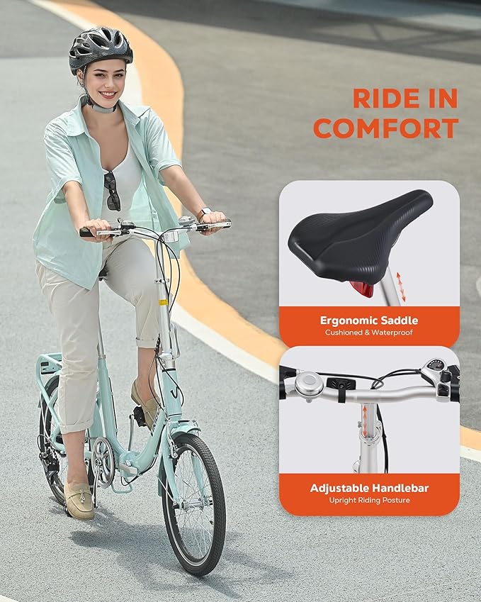 VIRIBUS Folding Bike, 20 inch Lightweight Foldable Bike for Adults 7 Speed with Aluminum Frame, Basket & Rear Rack, Step Through Collapsible Bike for Women Men Seniors City Commuter
