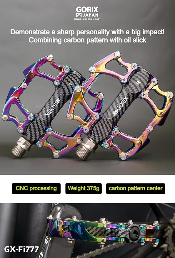 GORIX Bike Flat Pedals Wide CNC Lightweight with Non-Slip Pin Spike Oil Slick Road Mountain MTB Bicycle (GX-Fi777)