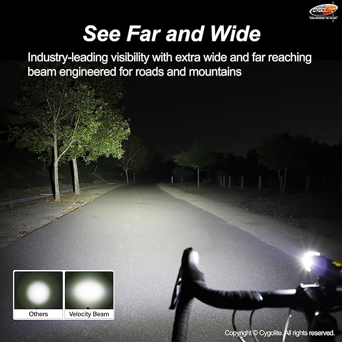 Cygolite Velocity 1600, 1200, 1000, 800 Lumen USB-C Bike Lights – Anodized Aluminum Alloy – 9 Light Modes – Fine Tunable Brightness - Compact, IP67 Waterproof – Hard Mount – Road & Mountain