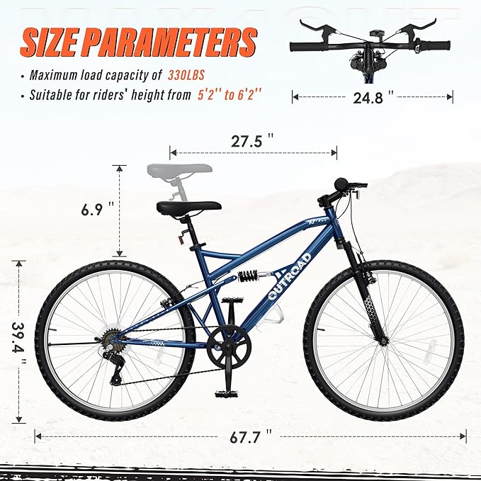 26 inch 7-Speed Commuter Bicycle,Hybrid Bicycle,Men's Cruiser Bike/Mountain Bike V Brake,Metal Frame, Adult Bike (Black, White, Blue, Green, Purple, Pink)