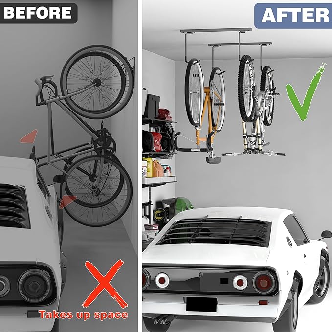 WALMANN Ceiling Mounted Bike Rack for Garage, Space-Saving Ceiling Bike Storage for 4 Bikes(Horizontally)/8 Bikes(Vertically), Adjustable Bike Hooks for Road Mountain Bikes