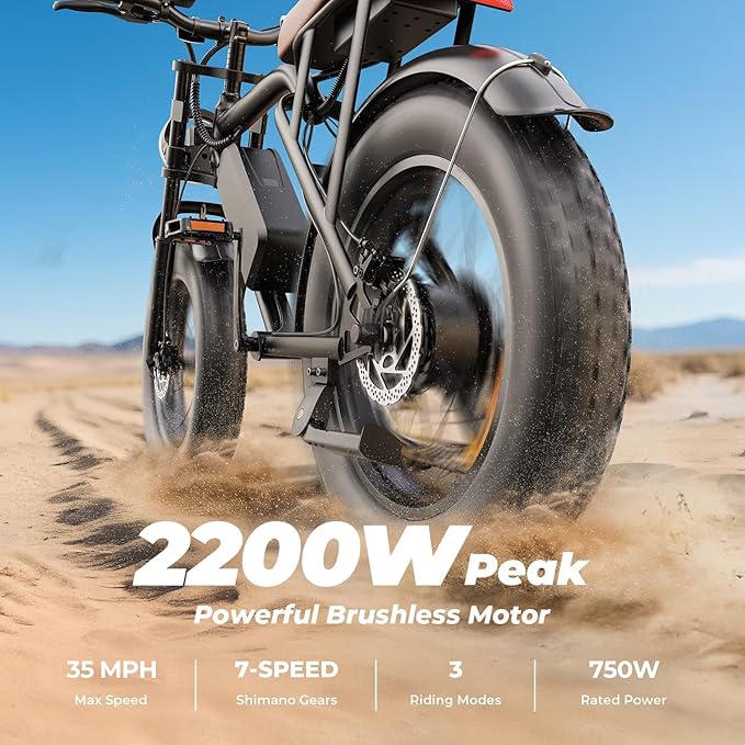 RKJ Electric Bike for Adults, 2200W, 35MPH, 75 Miles, 48V 15.6AH Removable Battery, 7-Speed, 3 Modes, Full Suspension, Dual Disc Brakes, 20" All-Terrain Fat Tires, UL 2849 Certified E Bike