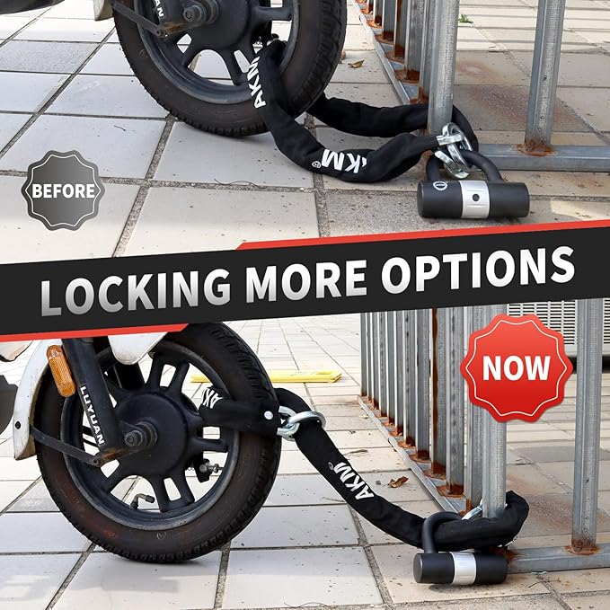 AKM Anti-Theft Bike Lock 3foot/90cm Long Heavy Duty Chain Lock Durable 10mm Thick Chains with 4 Keys Security 16mm U Lock for Bicycle,Scooter,Moped,Motorcycle,Gates