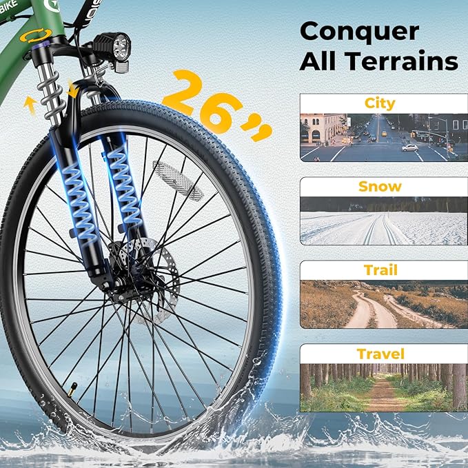 Jasion EB5 Electric Bike for Adults with Peak 1000W Brushless Motor, 40Miles 20MPH Commuting Electric Mountain Bike with 360Wh Removable Battery, 7-Speed, 26" Tires and Front Fork Suspension