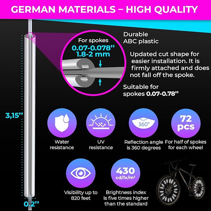 LOOM® Bike Spoke Reflectors Gift Set | 72 Pcs | Premium 8cm Reflective Clips for Bicycles - 360° High Visibility Wheel Spoke Skins - Night Safety Accessories for MTB Road Bike E-Scooters & Kids