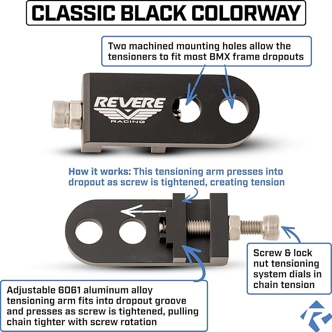 Revere BMX High Performance Pair of 2 Chain Tensioner for Road and MTB Bikes | Lightweight Aluminum Alloy (Black)
