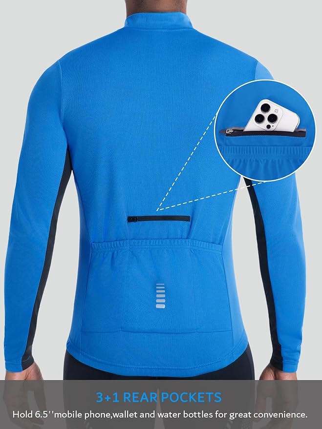 qualidyne Men’s Cycling Jersey Long Sleeve, Quick Dry Moisture-Wicking, UPF 50+, Half Zip Bike Shirt with 3+1 Pockets
