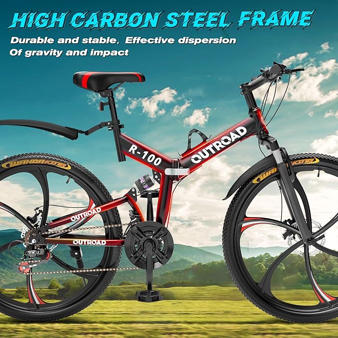 Betterland 26 Inch Adult Folding Mountain Bike, 21 Speeds Full Suspension Foldable Bikes, Dual Disc Brake, High Carbon Steel Frame Bicycle for Men Women
