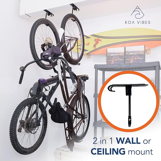 Swivel Bike wall mount with gear hooks, One Pack, Organize Garage with Bike Storage, Vertical or Ceiling Mount, heavy duty construction for bikes up to 60lbs, bike rack garage organizer