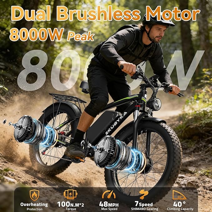 8000W Dual Motor Electric Bike for Adults, 48MPH Fast Ebike with 52V 36Ah Removable Battery, Up to 100 Miles Long Range, 24/26 Inch Fat Tire, Shimano 7-Speed, Shock Absorber Commuter E-Bike