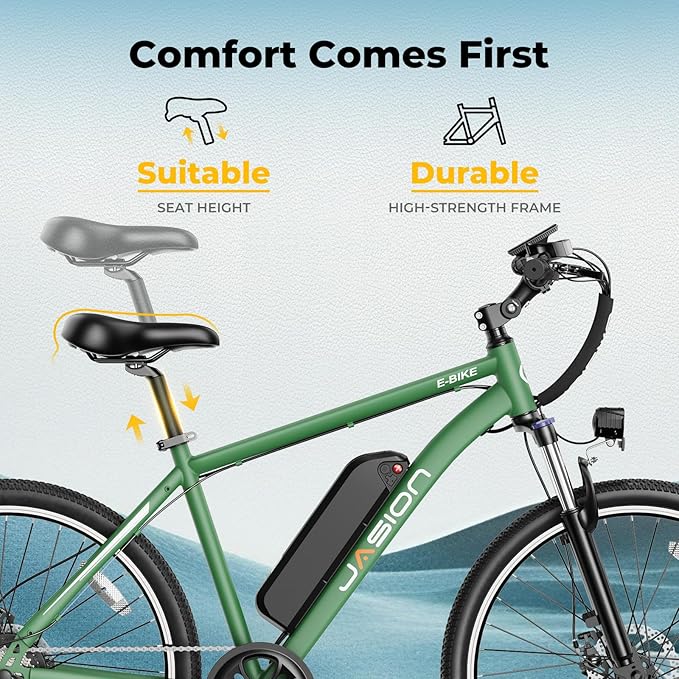 Jasion EB5 Electric Bike for Adults with Peak 1000W Brushless Motor, 40Miles 20MPH Commuting Electric Mountain Bike with 360Wh Removable Battery, 7-Speed, 26" Tires and Front Fork Suspension