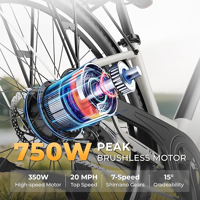 WINDHORSE 26" Electric Bike for Adults 20MPH & 30-50 Miles Range, Shimano 7-Speed, 468WH Removable Battery Commuter Ebike with 750W Peak Motor, Front Suspension, Rear Rack, Fenders, UL2849 Certified