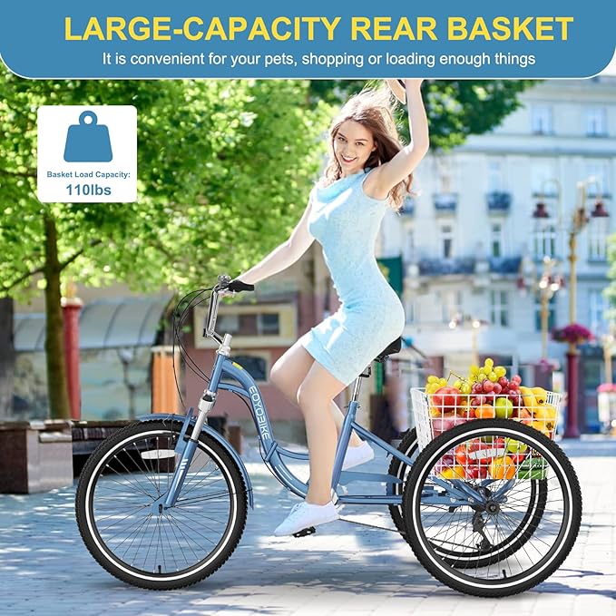 NAIZEA Folding Adult Tricycle - 7 Speed 20/24/26 Inch Folding Tricycle for Adult, 3 Wheel Bike, Foldable Trike with Large Basket/Low-Step Through for Men Women Senior