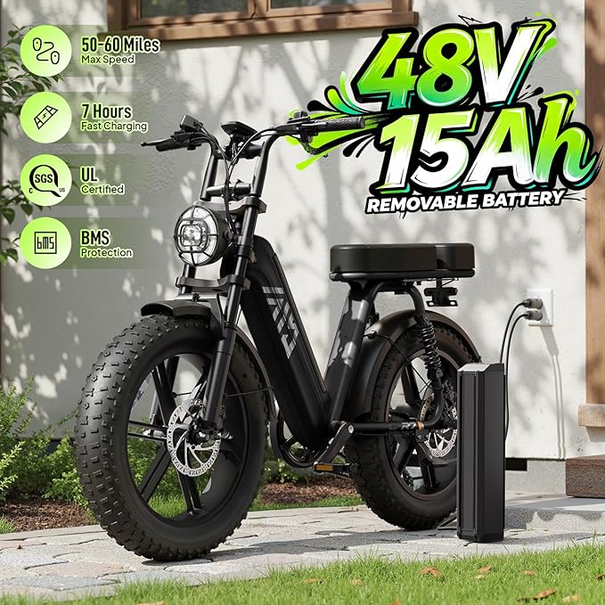 TST Electric Bike for Adults, 1500W Peak Motor Ebike with 48V 15Ah Built-in Battery, 60 Miles Range 28 MPH Electric Bike, 20" Fat Tire E Bike with 7 Speed