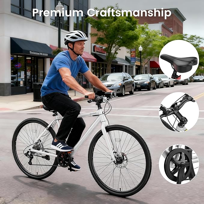 MOONCOOL Hybrid Bike for Men, 700C Aluminum 29LBS Ultra-Light 8-Speed Commuter Bike, 350lb Capacity, 29" Adult Urban Bicycle, Dual Disc Brakes, for Tall Men&Women, 85% Pre-Assembled