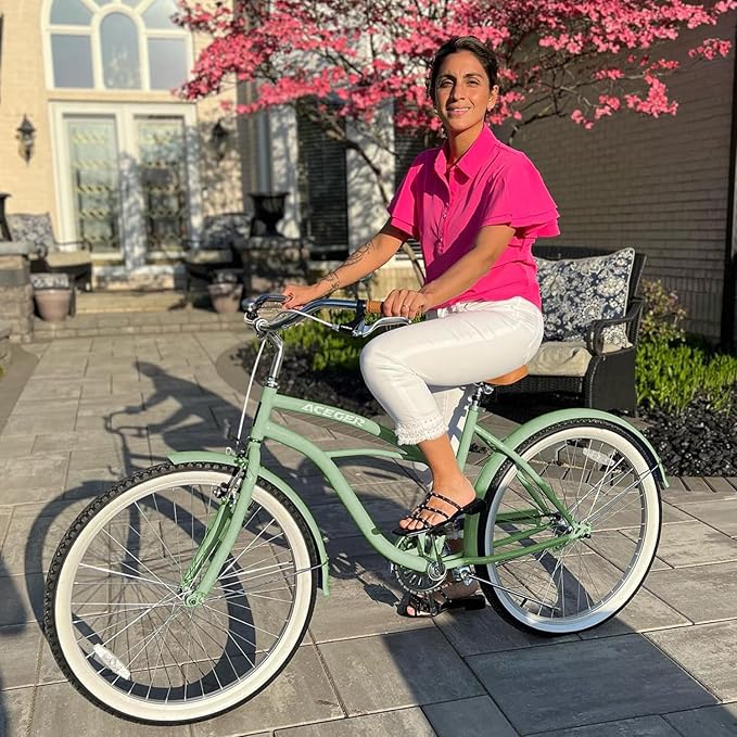 ACEGER 24 26 Inch Women Beach Cruiser Bike, Single Speed and 7 Speed, Adult Hybrid Bike Commuter Bicycle, Hi-Ten Steel Frame with Adjustable Handlebar and Saddle, Multiple Colors