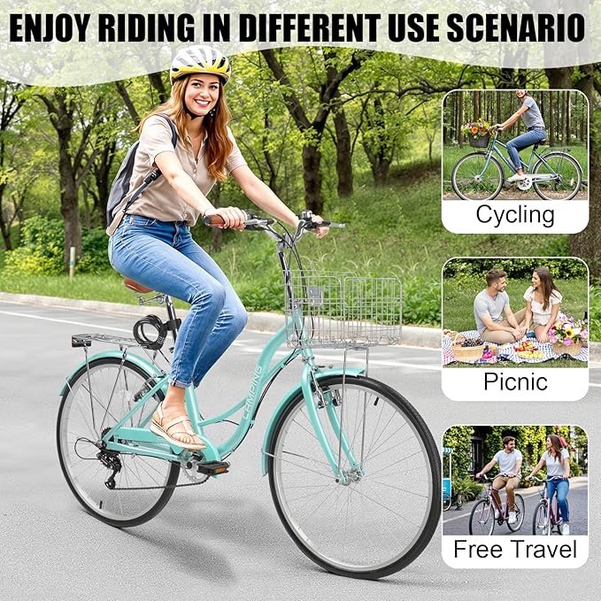 Ktaxon Women Bike 24/26 Inch Bicycles for Women, Beach Cruiser Bike with Premium Derailleur & Shift Lever, Adjustable Seat, High-Carbon Steel Frame and Excellent Welding Technology | Premium Derailleur, Shift Lever, Adjustable Seat