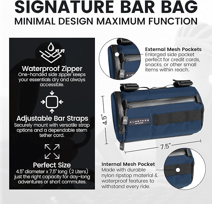 ALMSTHRE Signature Bar Bag – Cosmic Blue | Hard-Shell Bike Handlebar Bag with Waterproof Zippers & Adjustable Straps | Lightweight Bicycle Handlebar Bag, Compatible with Road, Gravel & MTB Bikes