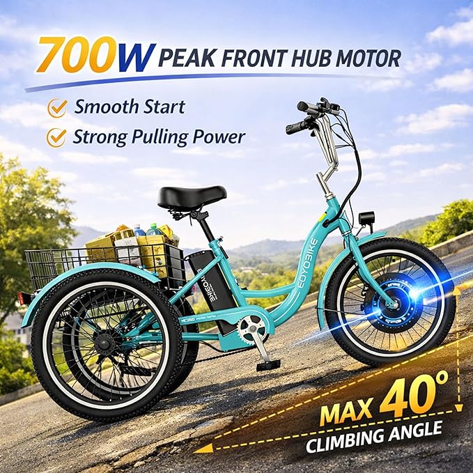 MOONCOOL MONCOOL Adult Electric Tricycle, 350W Front Drive Motor (Peak 700W), 15.5MPH E-Trike with Removable 36V 14.5Ah Battery, 60 Miles Range, 24/26 Inch 7-Speed 3 Wheel Electric Bike, Large Basket