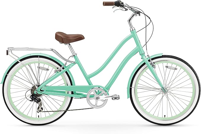 sixthreezero EVRYjourney Women's Steel Beach Cruiser Bike, Hybrid Bicycle, Step Through Frame with Rear Rack and Fenders, 26-Inch Wheels, Multiple Speed Options and Colors