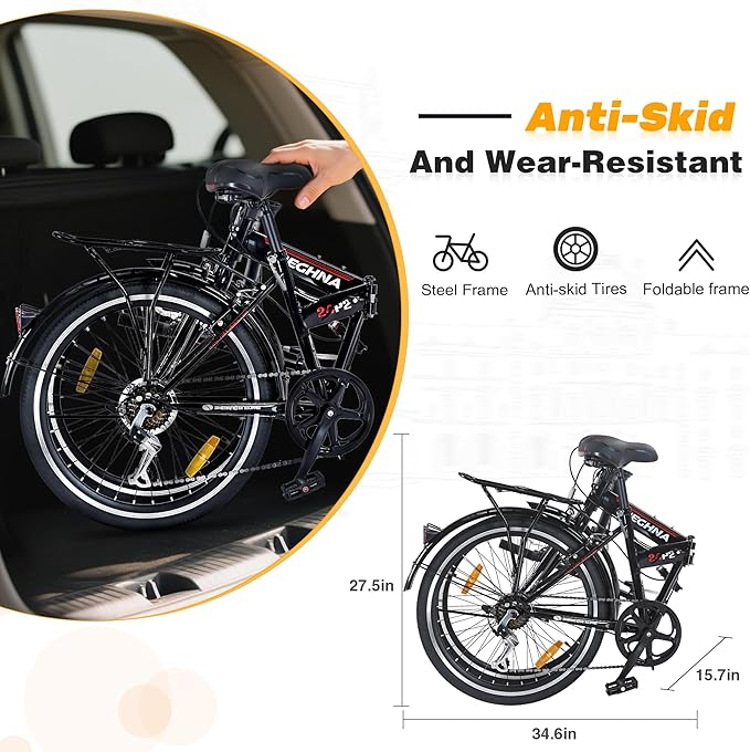 24 Inch Folding Bike for Adults, 7 Speed City Bicycle with Steel Frame, Front and Rear V Brakes for Commuting and Outdoor Riding,Black