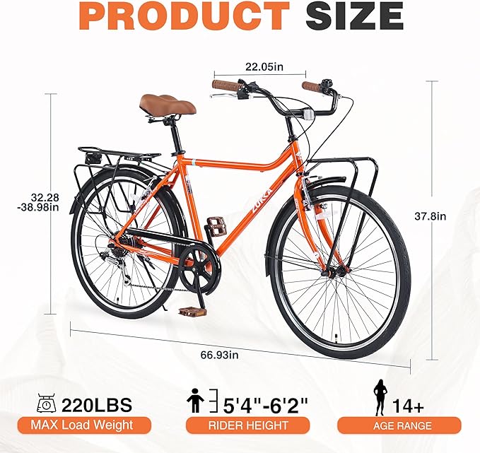 Vintage Style 26 Inch Adult Cruiser Bicycle Hybrid Bike 7 Speeds Commuter Bike for Women, Men, Seniors, SHMANO Shifter and derailleur Step-Over Steel Frame,Double Cargo Rack，4 Colors