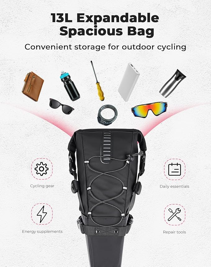 KEMIMOTO Bike Saddle Bag, Bike Seat Bag Expandable 11L-13L Fully Waterproof Bikepacking Pouch, Night Safety Reflective Strips, Bicycle Seat Bag With PVC Reflective Panel Max