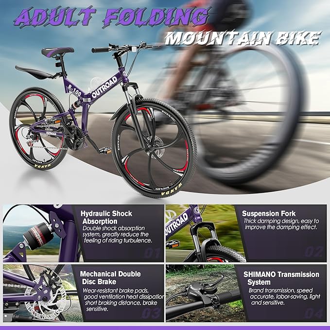 26" Foldable MTB – 21-Speed Full Suspension, High-Carbon Steel Frame, Dual Disc Brakes & Quick-Release Tires – Adults & Teens (Multiple Colors)