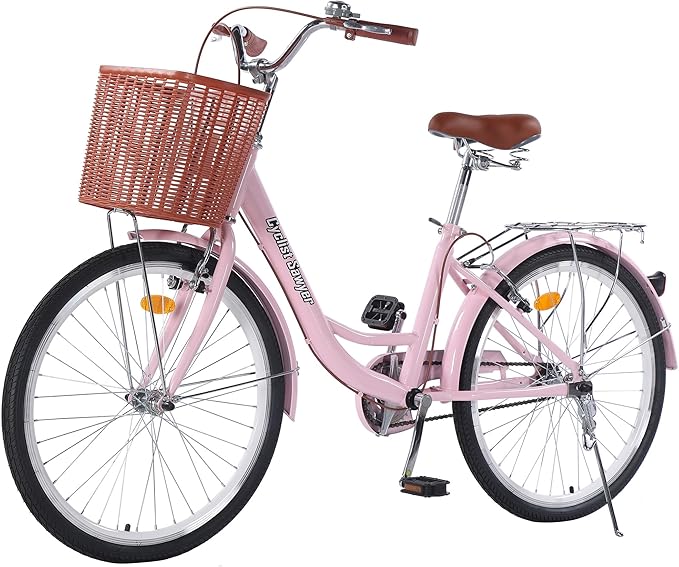 24/26in Beach Cruiser Bike for Women, Adults Bicycle Single Speed, Bicycle for Women with Basket & Steel Rack, Women's Bike for Commuting, Step Through City Bike for Adults