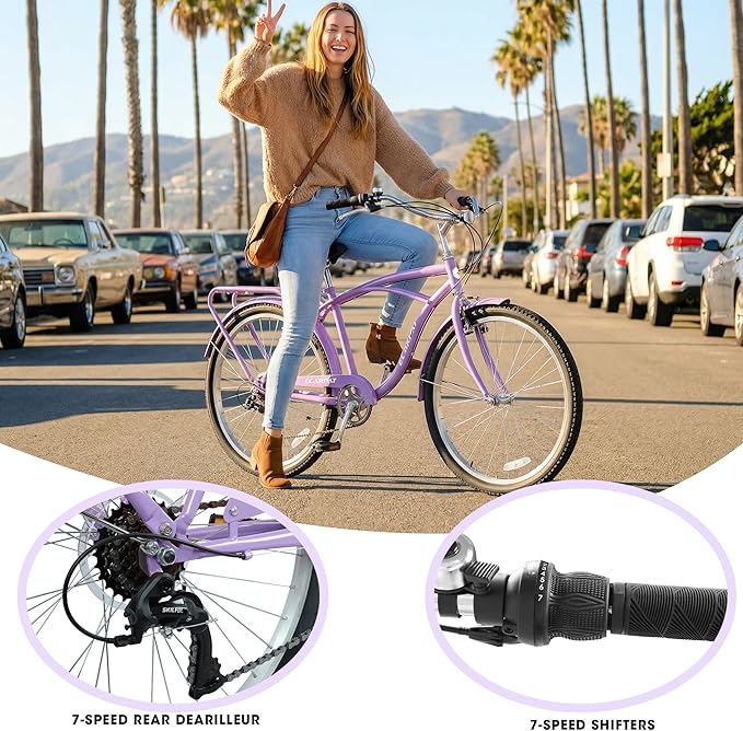 26 Inch 7-Speed Beach Cruiser Bike for Men & Women, Step-Through Comfort Frame, Upright Riding Position, Alloy Wheels & V-Brakes for Commuting & Leisure