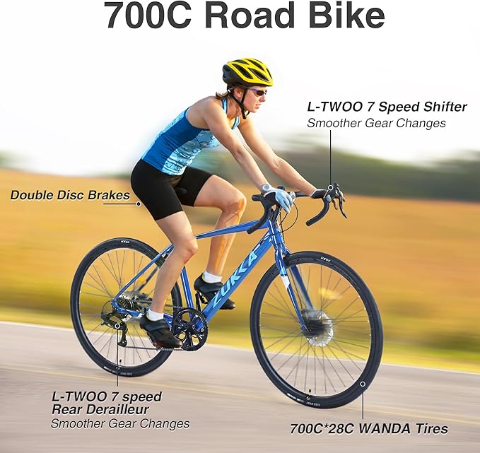 ZUKKA Road Bicycle 700C Whee Drop Bar 7 Speed Road Bike Light Weight Aluminium Alloy Frame Dual Disc Brake Hybrid Bikes Road Bicycle for Men, Women, Adult