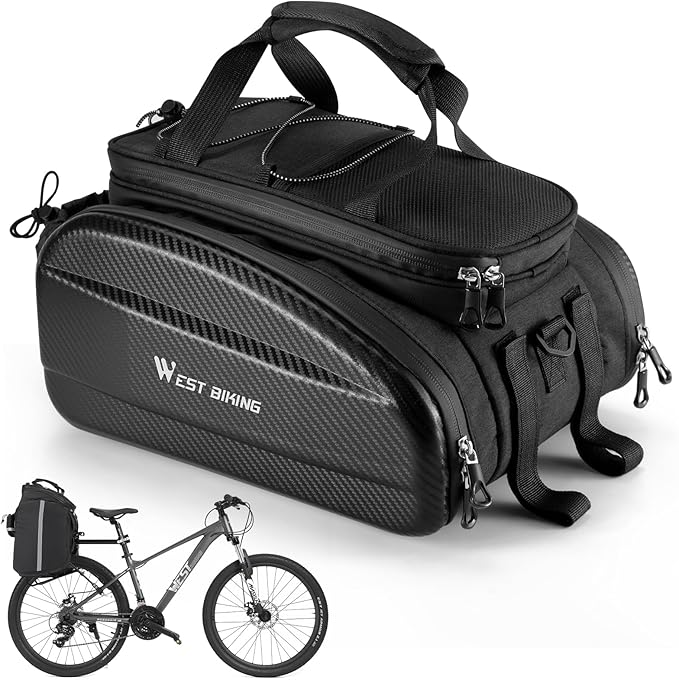 West Biking Waterproof Hard Shell Bike Rear Rack Bag 31L Capacity EVA Bicycle Trunk Pannier Bag for Commuting Touring Mountain Road E-Bike with Rain Cover (Black-3: 31L capacity)
