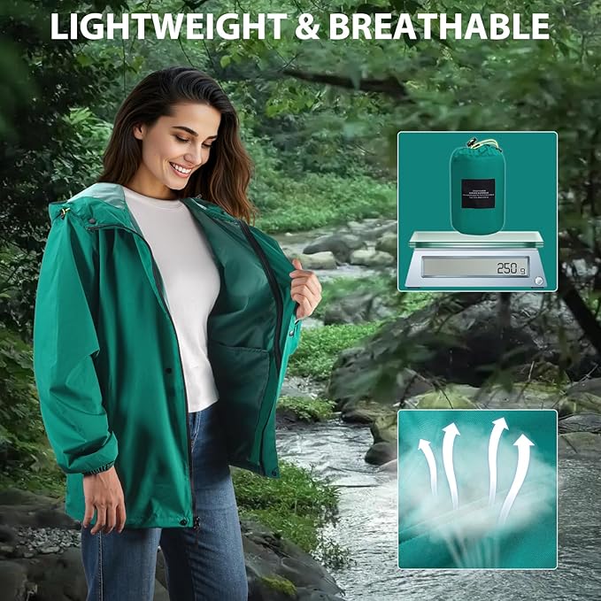 LAMA Women's Rain Jacket Lightweight Waterproof, Windbreaker Jacket with Hood Sun Protection, Packable Raincoat with Pocket