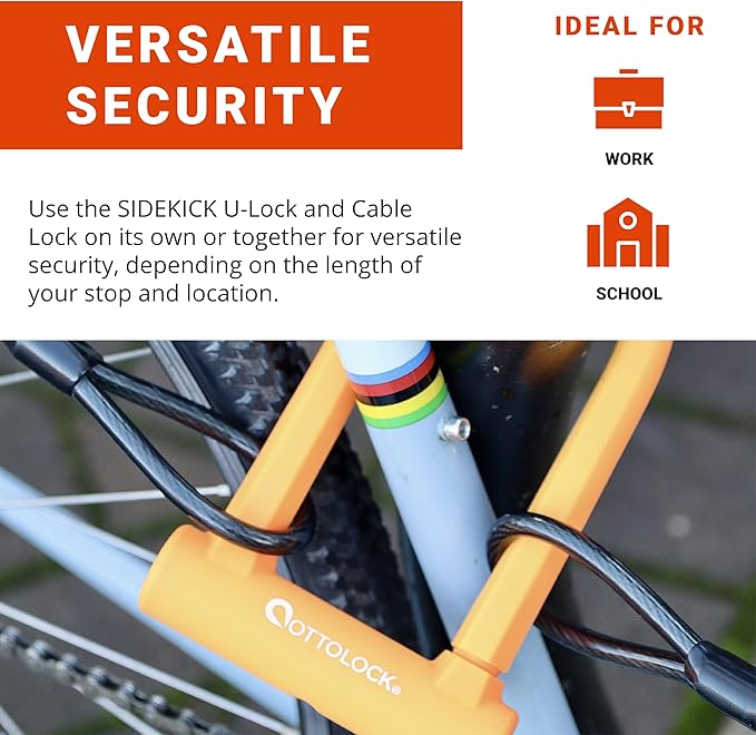 OTTOLOCK Sidekick Compact U-Lock and Cable Bundle - Heavy Duty Anti Theft Bicycle U-Lock with Keys, Silicone-Coated, Bike Accessories, Orange