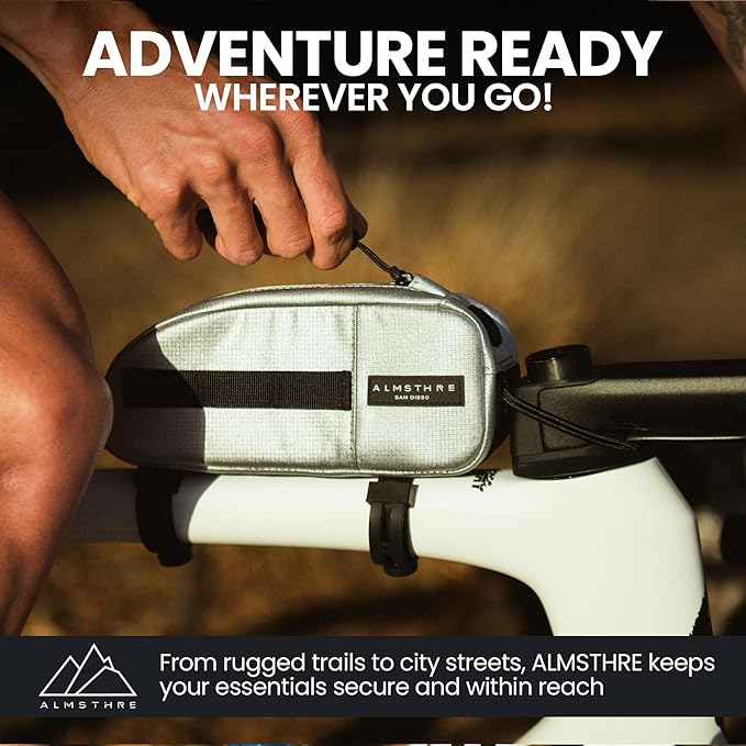 ALMSTHRE Top Tube Bag 8'' x 2'' x 3'' | Waterproof, Secure & Stable – Universal Bike Storage with Versatile Mounting – Fits Essentials | Adventure-Ready Cycling Gear